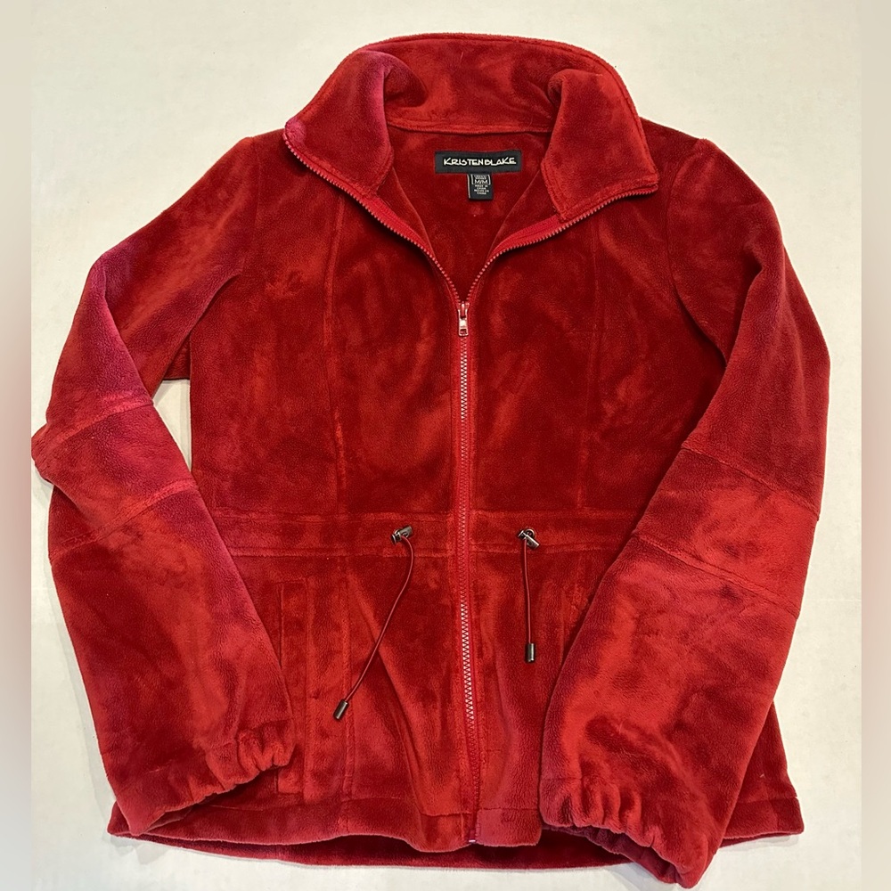 Kristen Blake Burgundy Full Zip Velour Fleece Jacket Size Medium Cinch Waist